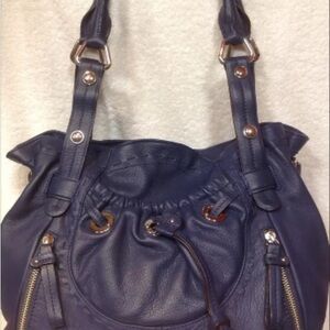 Classic Navy Drawstring Shoulder Bag with Gold Hardware